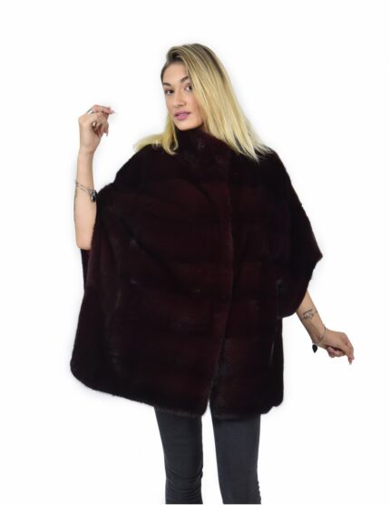 Mantella 48-54 visone pelle intera orizzontale colore bordeaux con fodera seta e pistagna