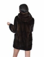 52 Pelliccia di visone orizzontale fondo e maniche e pelle intera cappotto mogano cappuccio
