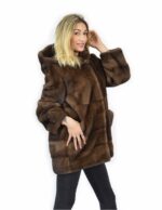 50 Pelliccia di visone demi orizzontale fondo e maniche e pelle intera cappotto cappuccio