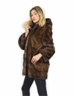 50 Pelliccia di visone demi orizzontale fondo e maniche e pelle intera cappotto cappuccio