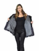 5 56 Giaccone in pelliccia di persiano con pelliccia rex cappuccio bordato colore nero e blu