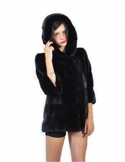 Pelliccia di visone cappotto taglia 48 colore nero pelle intera orizzontale manica 3/4 cappuccio