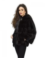 Graue Rückenjacke 46 Mink Pelz Kapuze Leder Langarmgürtel – Bild 3