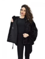 Graue Rückenjacke 46 Mink Pelz Kapuze Leder Langarmgürtel – Bild 7