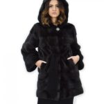 Cappotto grigio dorsato 48 pelliccia di visone cappuccio cintura pelle manica lunga