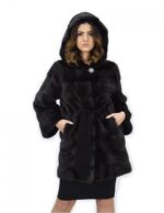 Cappotto grigio dorsato 48 pelliccia di visone cappuccio cintura pelle manica lunga