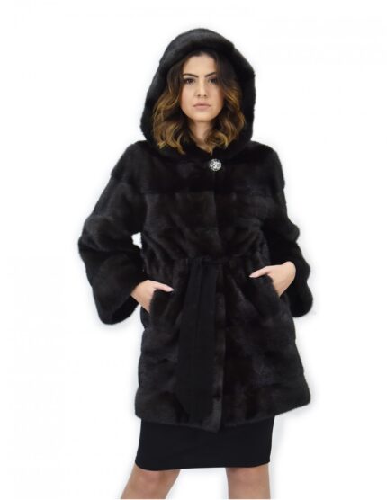 Cappotto grigio dorsato 48 pelliccia di visone cappuccio cintura pelle manica lunga