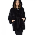 Cappotto nero 50 pelliccia di visone cappuccio cintura pelle manica lunga