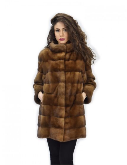 46 Golden cappotto 82cm pelliccia di visone orizzontale manica 3/4 collo pistagna