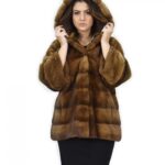 Giacca cappuccio 42 golden pelliccia visone orizzontale coulisse polsi ganci
