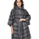 Cappotto cinta pelle 56 pelliccia visone orizzontale blue iris collo pistagna