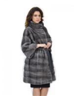 Cappotto cinta pelle 56 pelliccia visone orizzontale blue iris collo pistagna