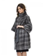 Cappotto cinta pelle 56 pelliccia visone orizzontale blue iris collo pistagna