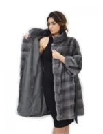 Cappotto cinta pelle 56 pelliccia visone orizzontale blue iris collo pistagna