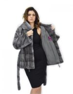 Blue iris cappuccio 46 cappotto pelliccia visone orizzontale coulisse fondo e polsi