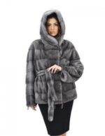 Blue iris cappuccio 50 cappotto pelliccia visone orizzontale coulisse fondo e polsi