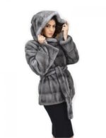 Blue iris cappuccio 50 cappotto pelliccia visone orizzontale coulisse fondo e polsi