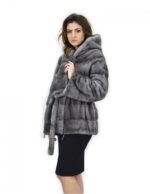 Blue iris cappuccio 50 cappotto pelliccia visone orizzontale coulisse fondo e polsi