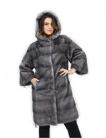 Cappotto 104cm cappuccio pelliccia 54 visone orizzontale blue iris coulisse