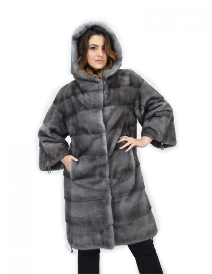 Cappotto 104cm cappuccio pelliccia 54 visone orizzontale blue iris coulisse