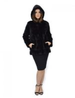 Cappotto 72 cm nero 44 pelliccia di visone orizzontale a pelli intere cappuccio manica lunga