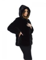 Cappotto 72 cm nero 44 pelliccia di visone orizzontale a pelli intere cappuccio manica lunga