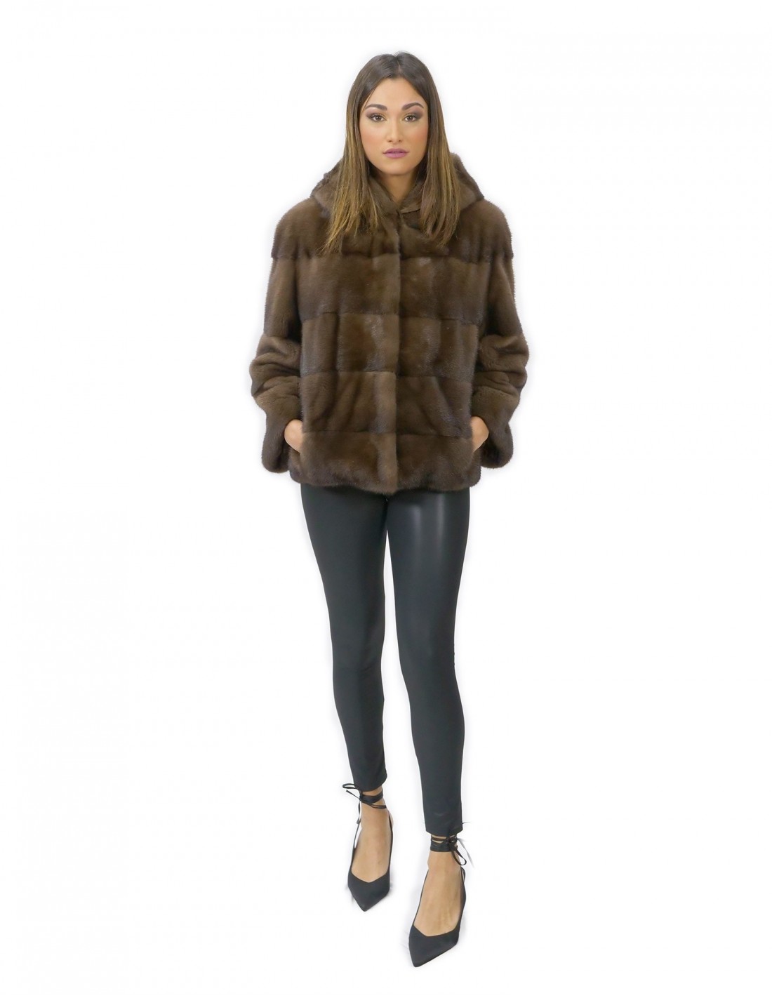 56 Mink Pelzjacke mit Kapuzenärmel 3/4 kurze Demy Buff Farbe – Bild 5