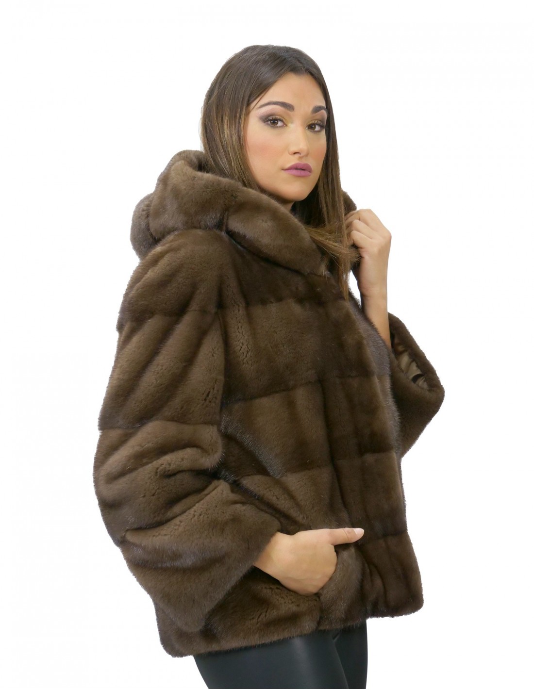 56 Mink Pelzjacke mit Kapuzenärmel 3/4 kurze Demy Buff Farbe – Bild 4