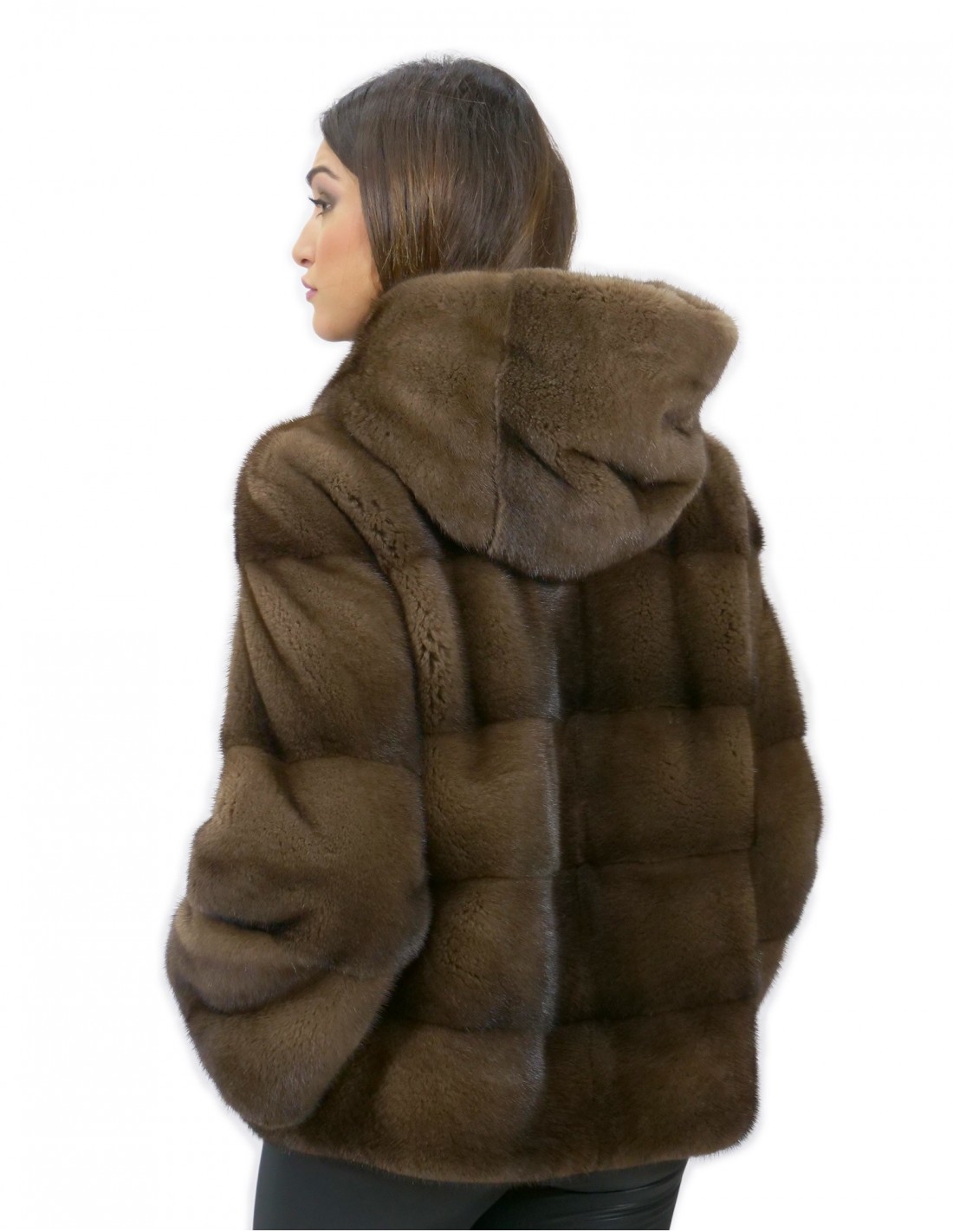 56 Mink Pelzjacke mit Kapuzenärmel 3/4 kurze Demy Buff Farbe – Bild 6