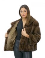 56 Mink Pelzjacke mit Kapuzenärmel 3/4 kurze Demy Buff Farbe – Bild 7