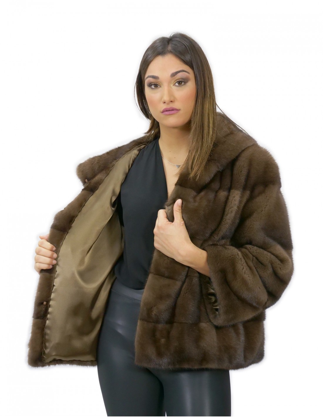 56 Mink Pelzjacke mit Kapuzenärmel 3/4 kurze Demy Buff Farbe – Bild 7