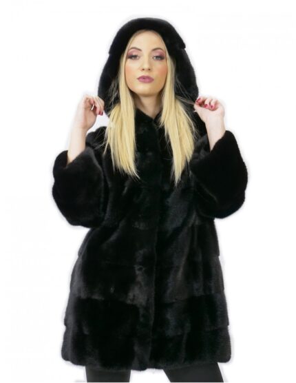 Pelliccia di visone cappottino nero 42 con cappuccio lungo bacino manica lunga