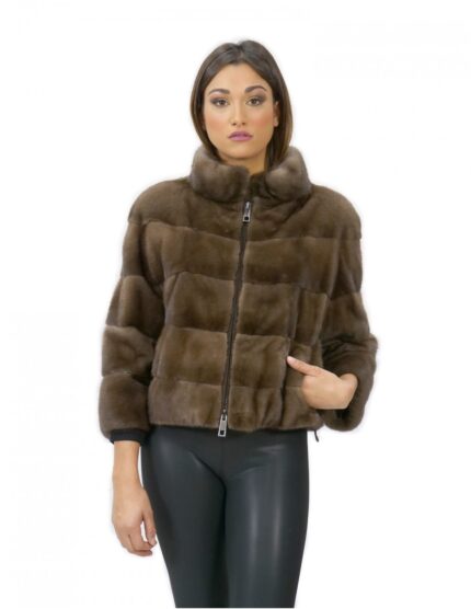 Pelliccia visone giacca con zip 54 centimetri fango 42 manica 3/4 collo pistagna
