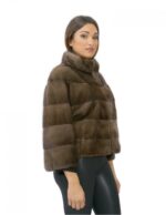 Fur mink jacket with zip 54 cm mud 42 sleeve 3/4 pistachio neck - Image 4