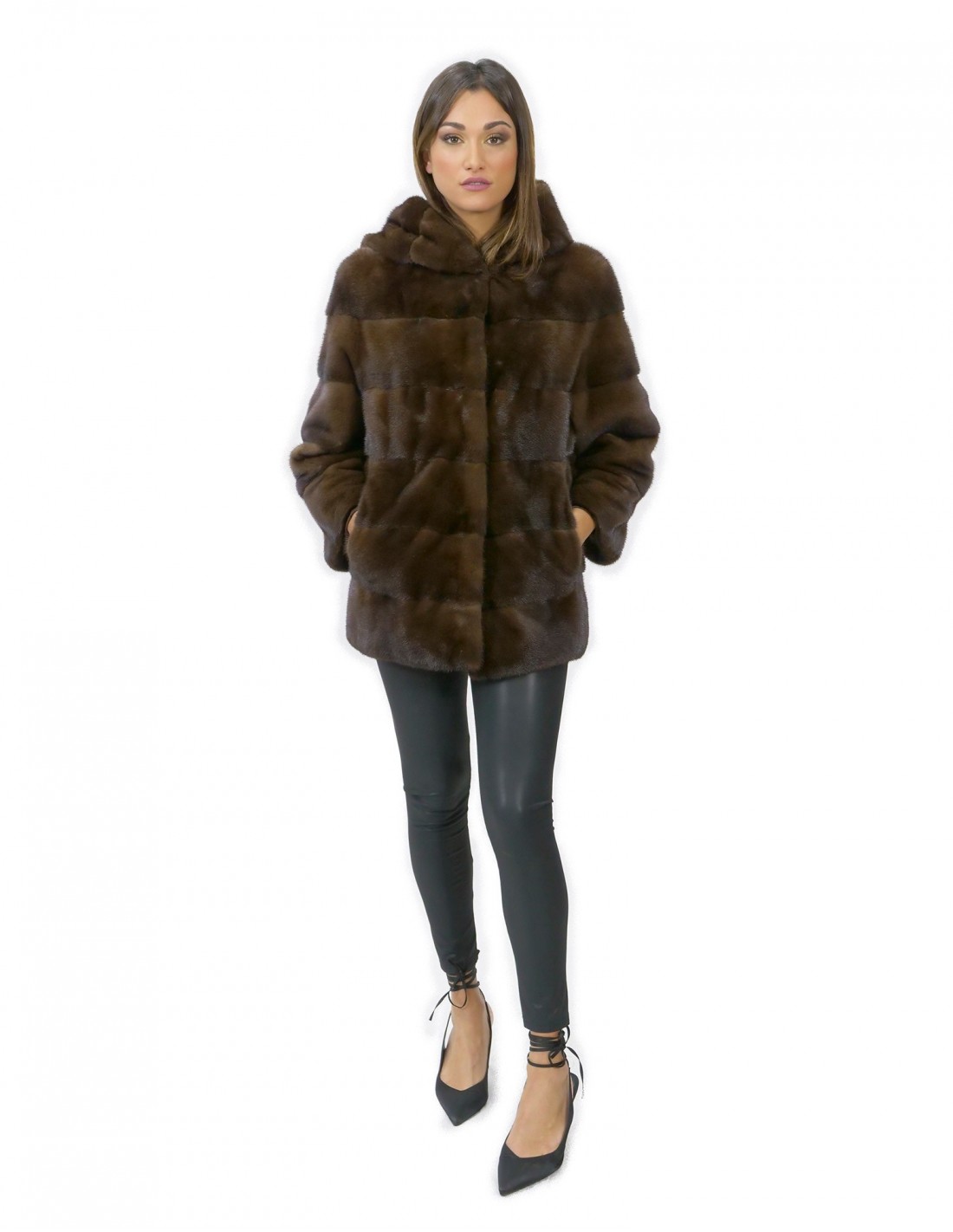 Jacket 70 cm horizontal mink size 52 fur hood scanbrown - Image 5