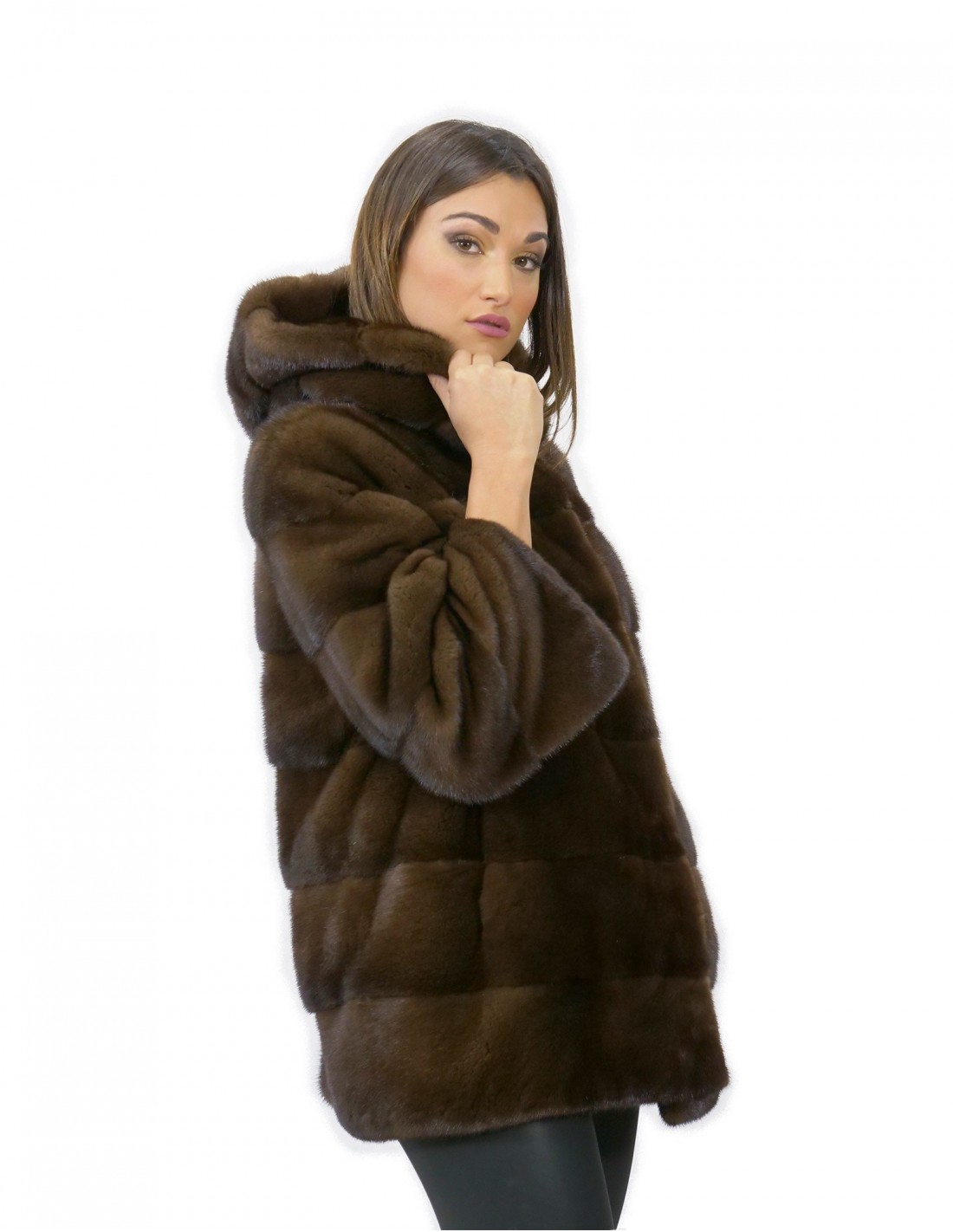 Jacket 70 cm horizontal mink size 52 fur hood scanbrown - Image 4