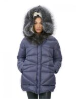 Piumino con pile interno e pelliccia di volpe blu 46 pelliccia cappuccio zip