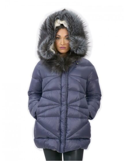 Piumino con pile interno e pelliccia di volpe blu 46 pelliccia cappuccio zip