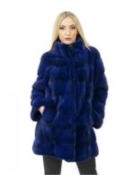 Cappotto pelliccia visone donna blu cross 44 lungo 81 cm collo alto moderno moda