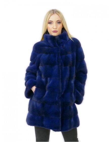 Cappotto pelliccia visone donna blu cross 44 lungo 81 cm collo alto moderno moda