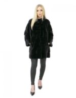 Cappotto pelliccia visone donna nero 44 lungo 84 cm collo alto manica 3/4 moda