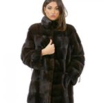 Cappotto 52 pelliccia visone donna mogano lungo 81 cm collo alto manica 3/4