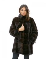Cappotto 52 pelliccia visone donna mogano lungo 81 cm collo alto manica 3/4