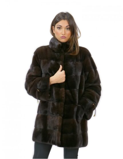 Cappotto 52 pelliccia visone donna mogano lungo 81 cm collo alto manica 3/4