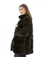 Cappotto 52 pelliccia visone donna mogano lungo 81 cm collo alto manica 3/4