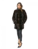 Cappotto 58 pelliccia visone donna mogano lungo 81 cm collo alto manica 3/4