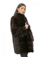 Cappotto 58 pelliccia visone donna mogano lungo 81 cm collo alto manica 3/4