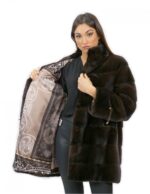 Cappotto 58 pelliccia visone donna mogano lungo 81 cm collo alto manica 3/4