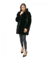 Giacca 44 lungo 81 cm pelliccia visone donna nero cappuccio manica 3/4