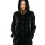 Giacca 44 lungo 81 cm pelliccia visone donna nero cappuccio manica 3/4